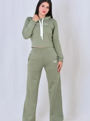 Conjunto para mujer unicolor verde militar, pantalon bota ancha, Klover